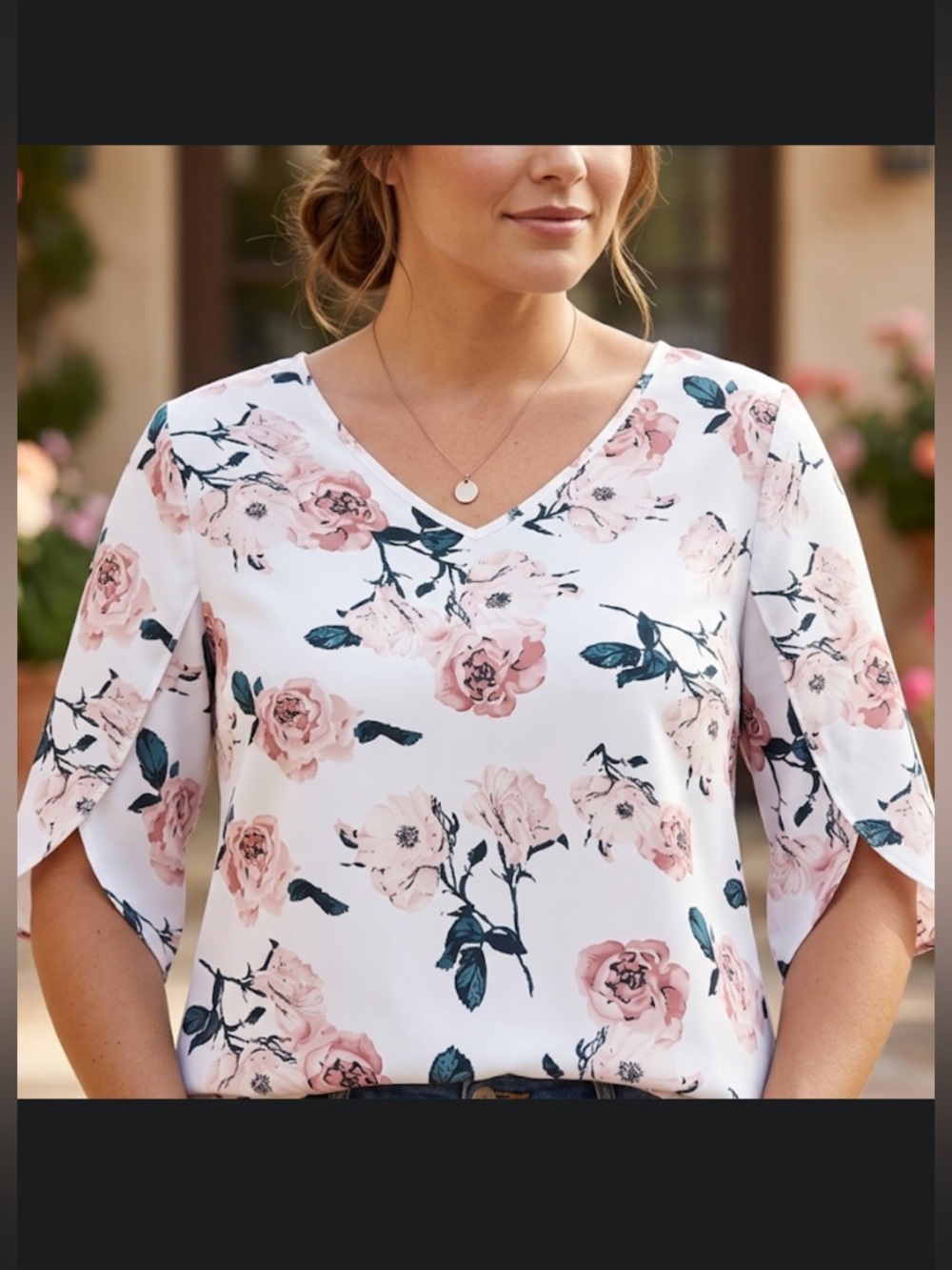 SHEIN Pink Floral V-Neck Split Sleeve Blouse plus size 1XL